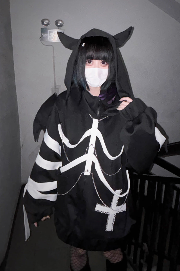 Black Devil Wings Long Sleeves Yabi Chain Bones Hooded Gothic Jirai Kei Coat - Product - 4