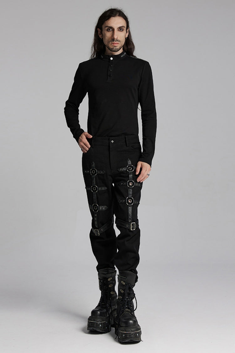 Black Buckle Eyelets Ring Men's Punk Pants - Product - 4