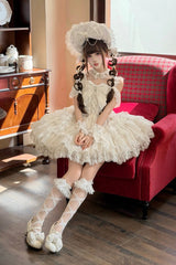 White [Pearl Ballet] Square Collar Sleeveless Multi-Layered Ruffled Bow Lace-Up Pearl-Decorated Sweet Ballet Lolita Jsk Dress - Product - 9