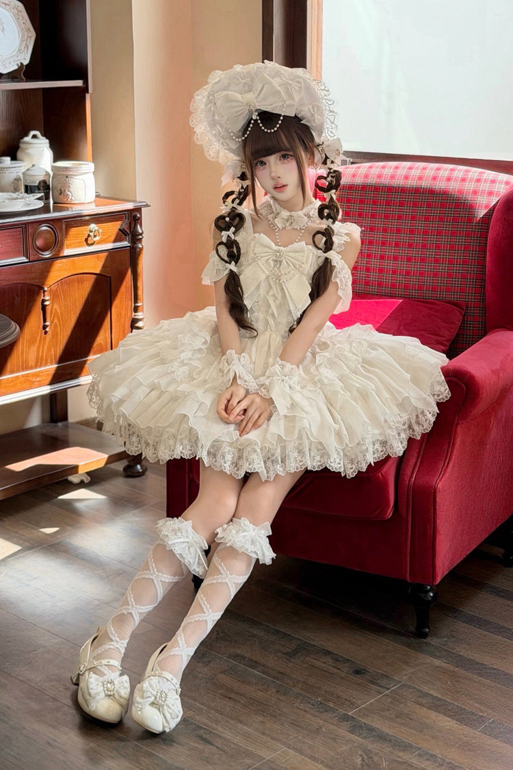 White [Pearl Ballet] Square Collar Sleeveless Multi-Layered Ruffled Bow Lace-Up Pearl-Decorated Sweet Ballet Lolita Jsk Dress - Product - 9