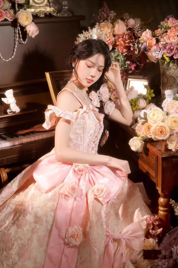 Off Shoulder Print Hanayome Embroidery Bowknot Sweet Princess Lolita Dress 2 Colors - Product - 8