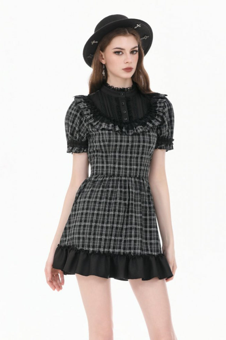 Black/White Plaid Stand Collar Short Puff Sleeves Ruffled  Lace Lace-Up Women's Lolita Gothic Dress - Product - 5
