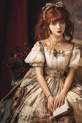 Brown [Cloria] Oil Painting Print Bowknot Lace Sweet Elegant Palace Lolita Jsk Dress - Product - 6