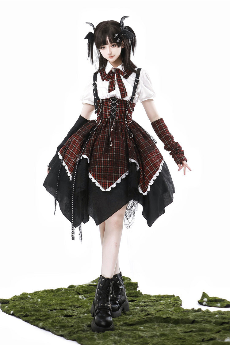 Black/Red [Soul Mantra] Plaid Print Irregular Sweet Lolita Strap Dress - Product - 9
