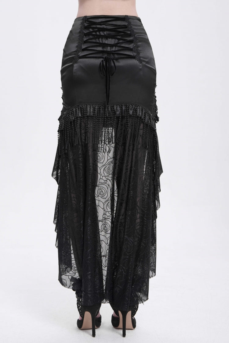 Black Embroidery Stitching Lace Mesh Women's Gothic Skirt With Train - Product - 2