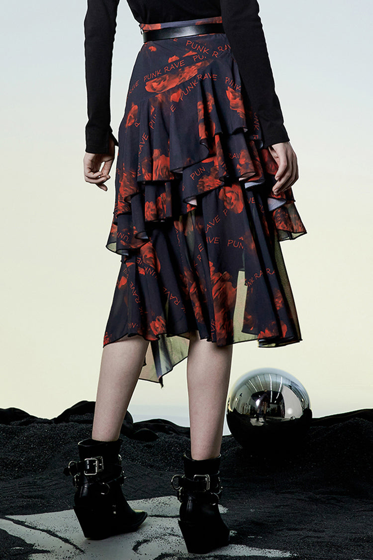 Black/Red Layered Irregular Skirt Pattern Printing Decoration High Waist Chiffon Women's Punk Skirt - Product - 3