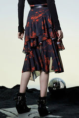 Black/Red Layered Irregular Skirt Pattern Printing Decoration High Waist Chiffon Women's Punk Skirt - Product - 3