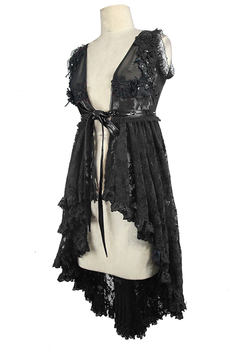 Black Waist Knot Back Lace-Up Frill Hem Sleeveless Rose Lace Mesh Women's Gothic T-Shirt - Product - 7