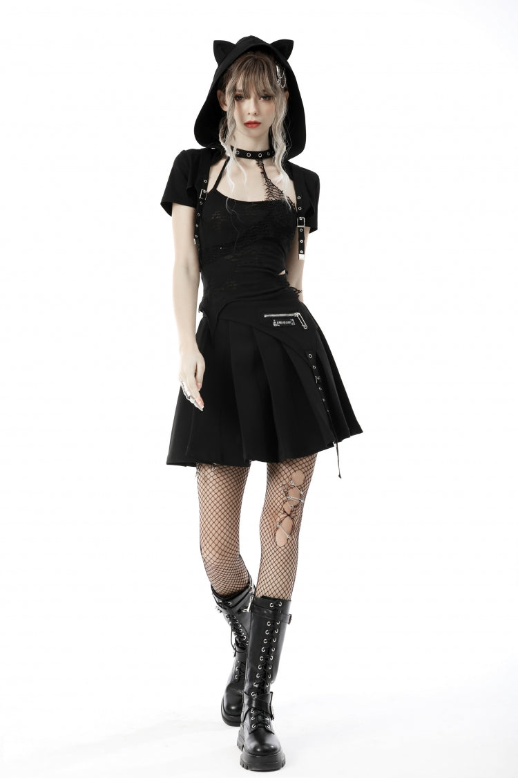 Black Short Sleeves Lace-Up Buckled Women's Punk Cat Ear Hooded Short Cape - Product - 6