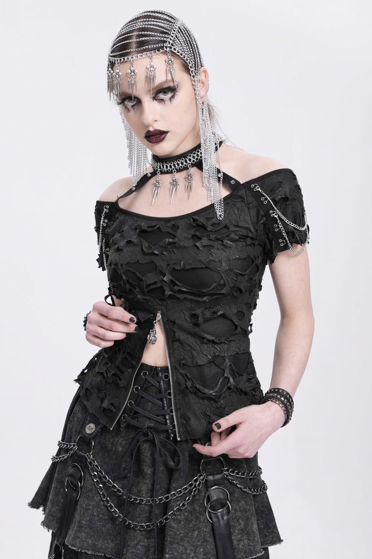Black Off Shoulder Halterneck Ripped Women's Punk Blouse - Product - 5