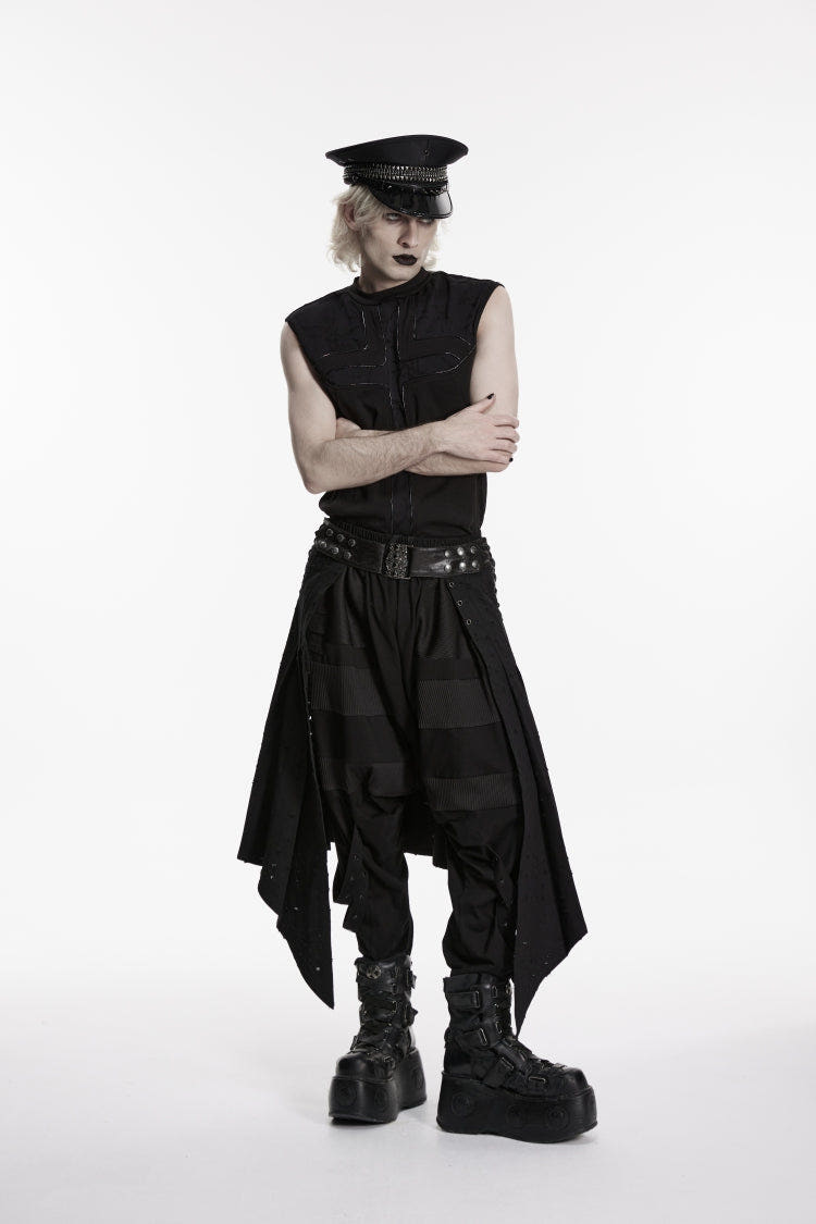 Black Lace-Up Irregular Ripped Men's Punk Skirt - Black - 1