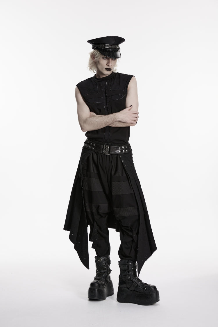 Black Lace-Up Irregular Ripped Men's Punk Skirt - Black - 1