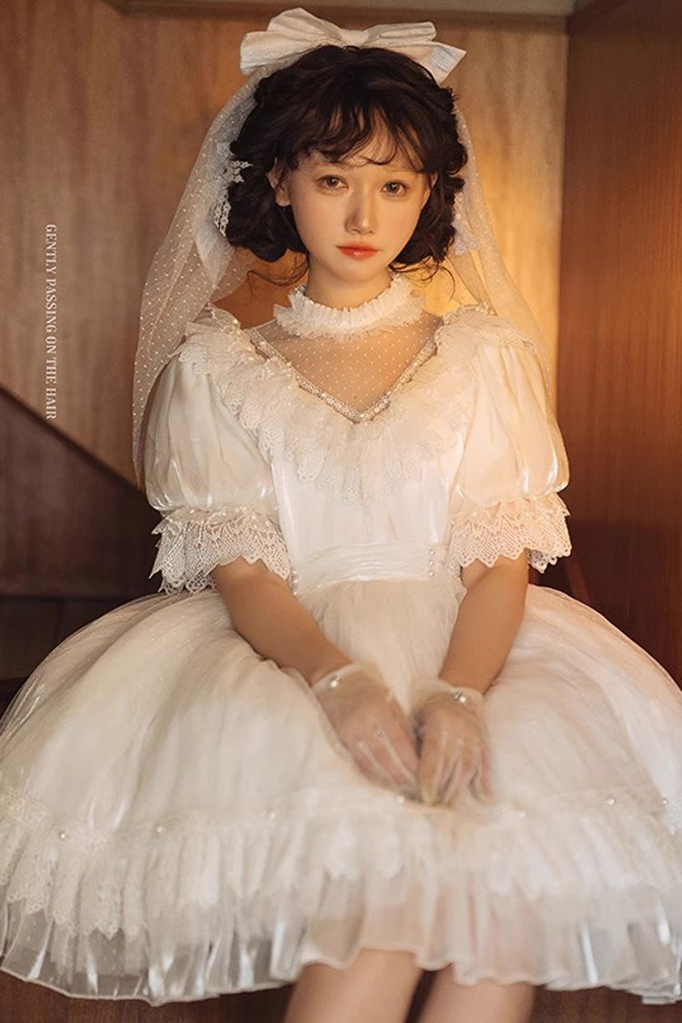 White Multi-Layered Ruffle Hanayome Hollow Bowknot Lace Sweet Vintage Gorgeous Lolita Dress - Product - 2