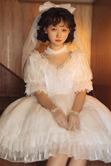 White Multi-Layered Ruffle Hanayome Hollow Bowknot Lace Sweet Vintage Gorgeous Lolita Dress - Product - 2
