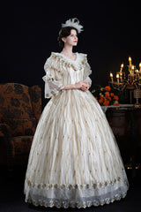 Champagne Long Puff Sleeves Ruffled Cut-Out Mesh Classic Vintage Palace Lolita Victorian Dress - Product - 6