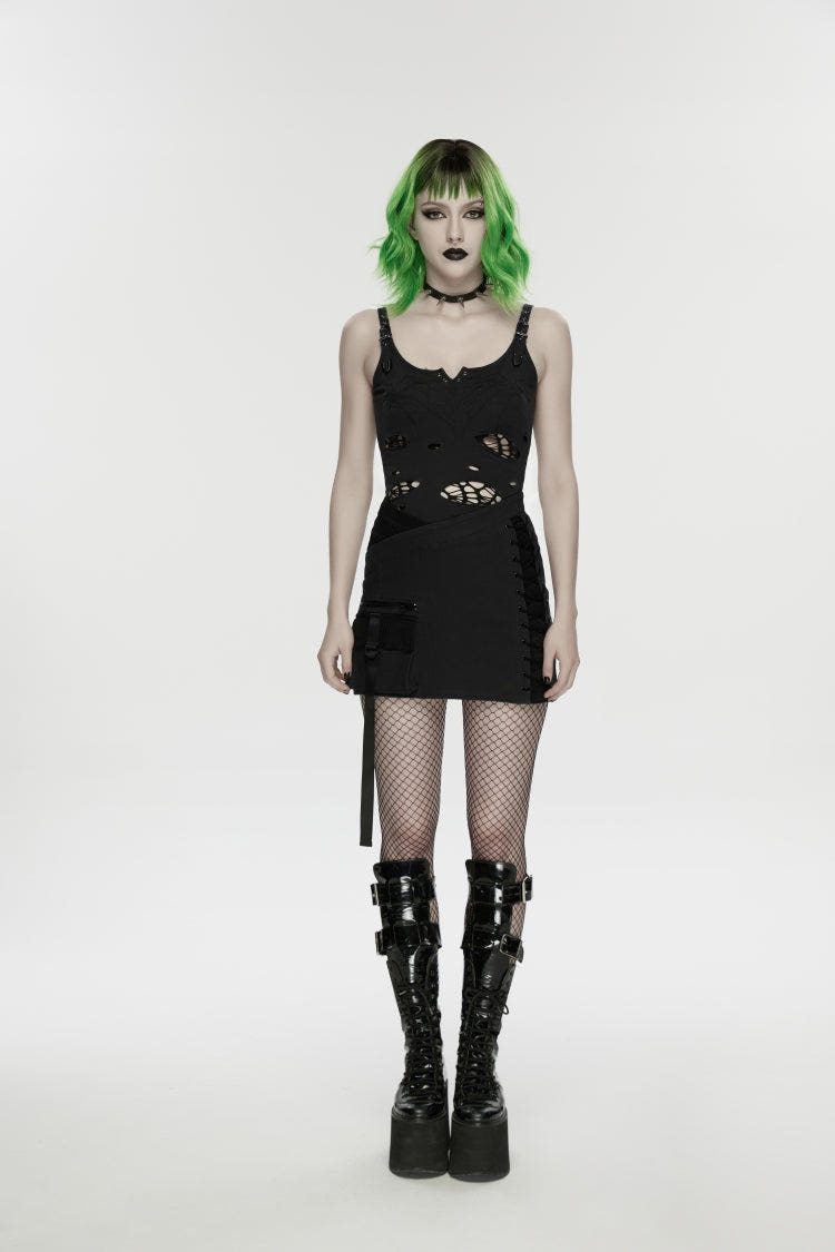 Black Lace-Up Slim Asymmetric Zippered Eyelet Women's Punk Handsome Skirt - Black - 1