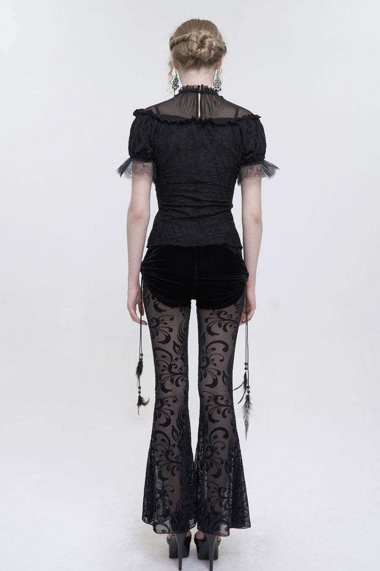Black Flocking Mesh Side Hanging Feather Pendant Fake Two-Piece Long Women's Gothic Flared Pants - Product - 5