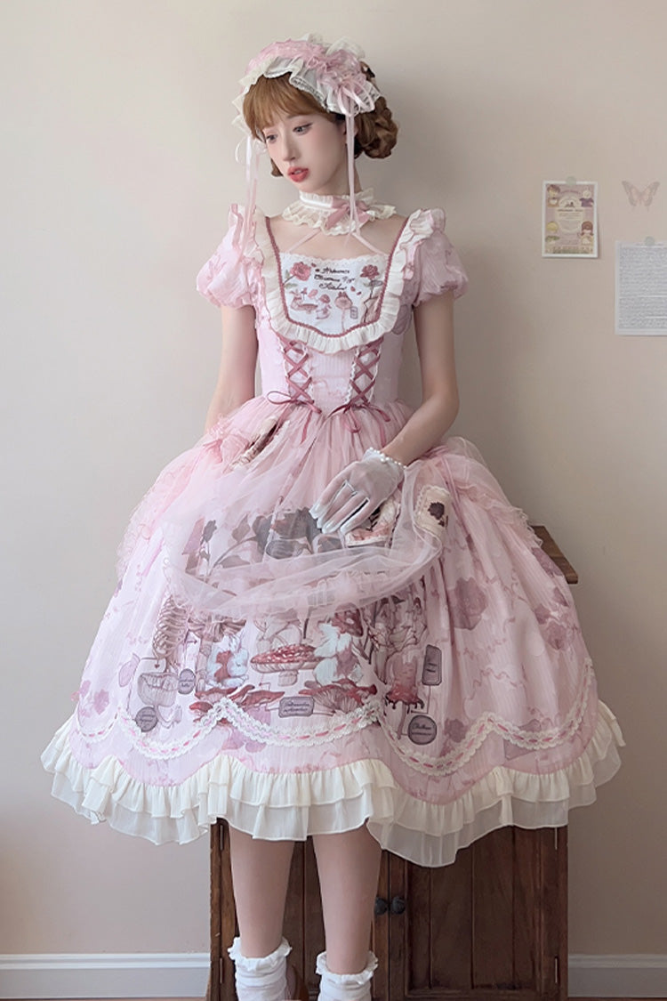 Pink Rabbit Print Square Collar Short Sleeves Ruffle Bowknot Lace Sweet Lolita Dress - Product - 9