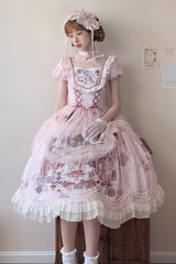 Pink Rabbit Print Square Collar Short Sleeves Ruffle Bowknot Lace Sweet Lolita Dress - Product - 9