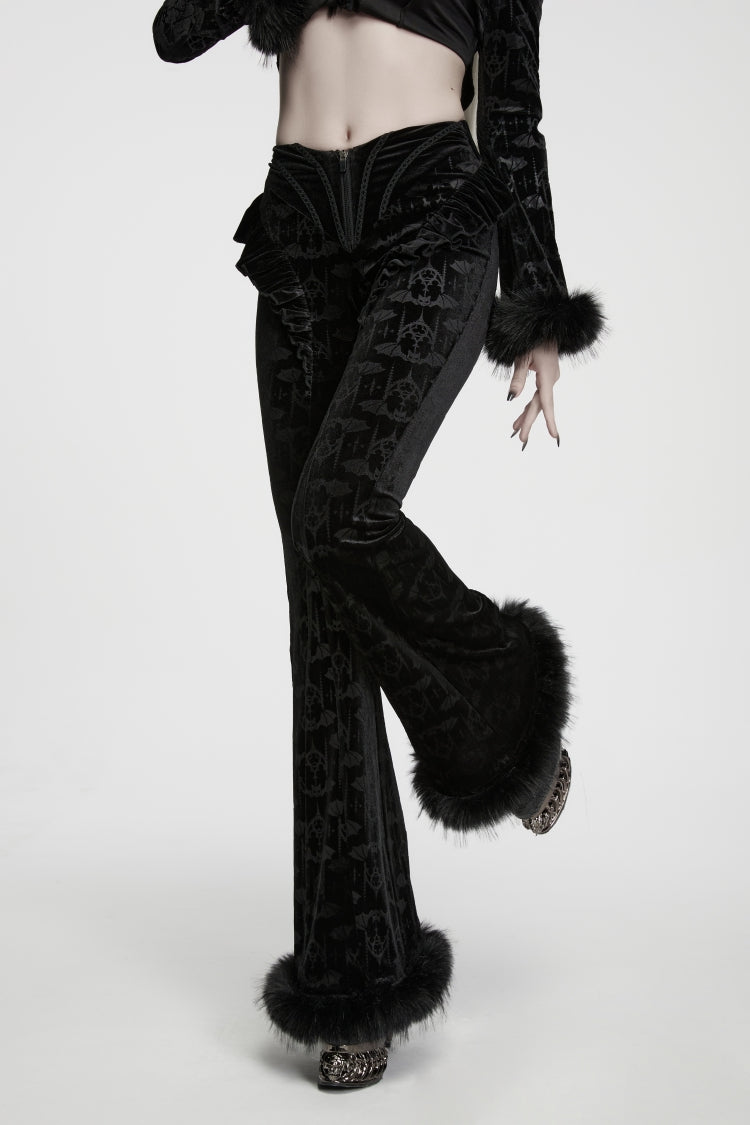 Black Jacquard Ruffled Slim Fit Women's Gothic Flare Pants - Product - 9