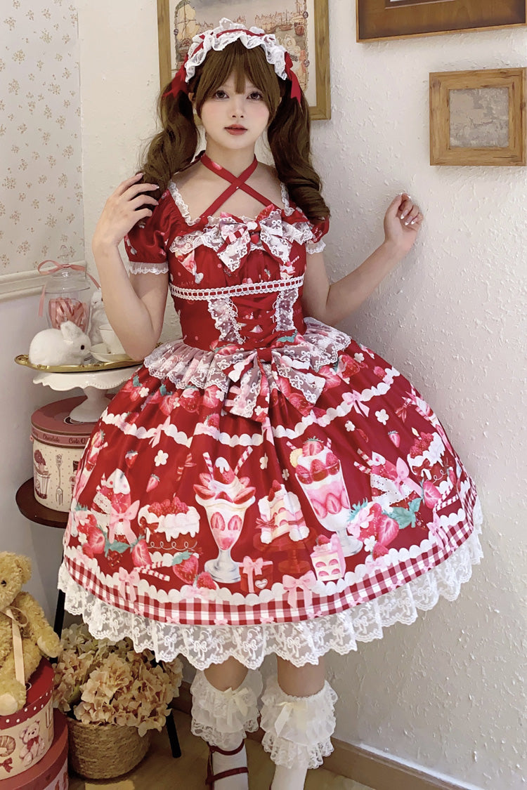 Red [Strawberry Parfait] Print Short Sleeves Ruffle Bowknot Lace Lace-Up Sweet Lolita Dress - Product - 2