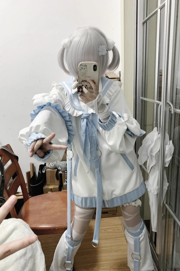 White/Blue Letter from an Angel Long Sleeves Print Jirai Kei Handsome Coat - Product - 3
