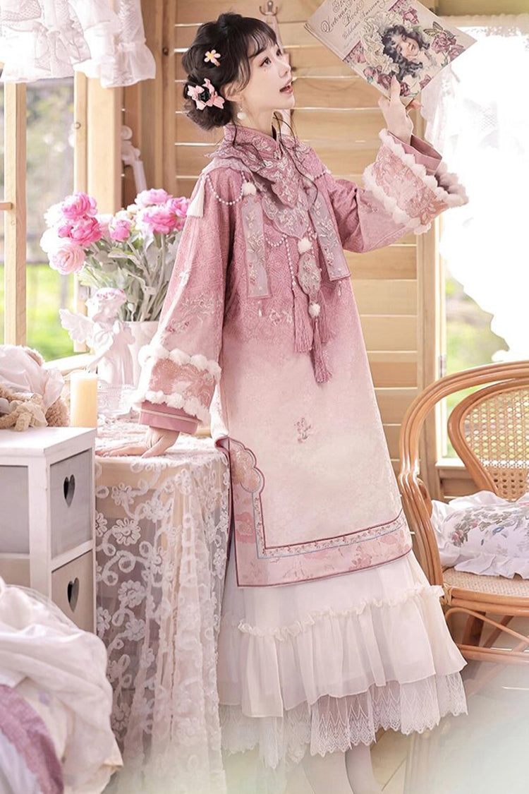Pink Round Collar High Waisted Embroidery Women's Elegant Hanfu Dress Full Set - Product - 6
