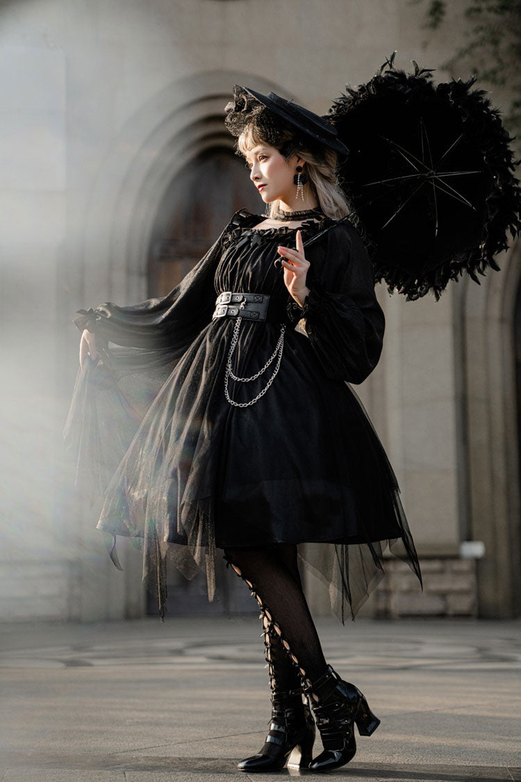 Black Square Collar Metal Chain Organza Stitching Gothic Lolita OP Dress (Short Version) - Product - 7