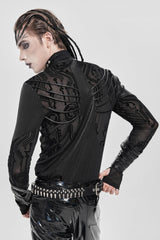 Black Long Sleeves Circuit Board Print Men's Punk Blouse - Product - 4