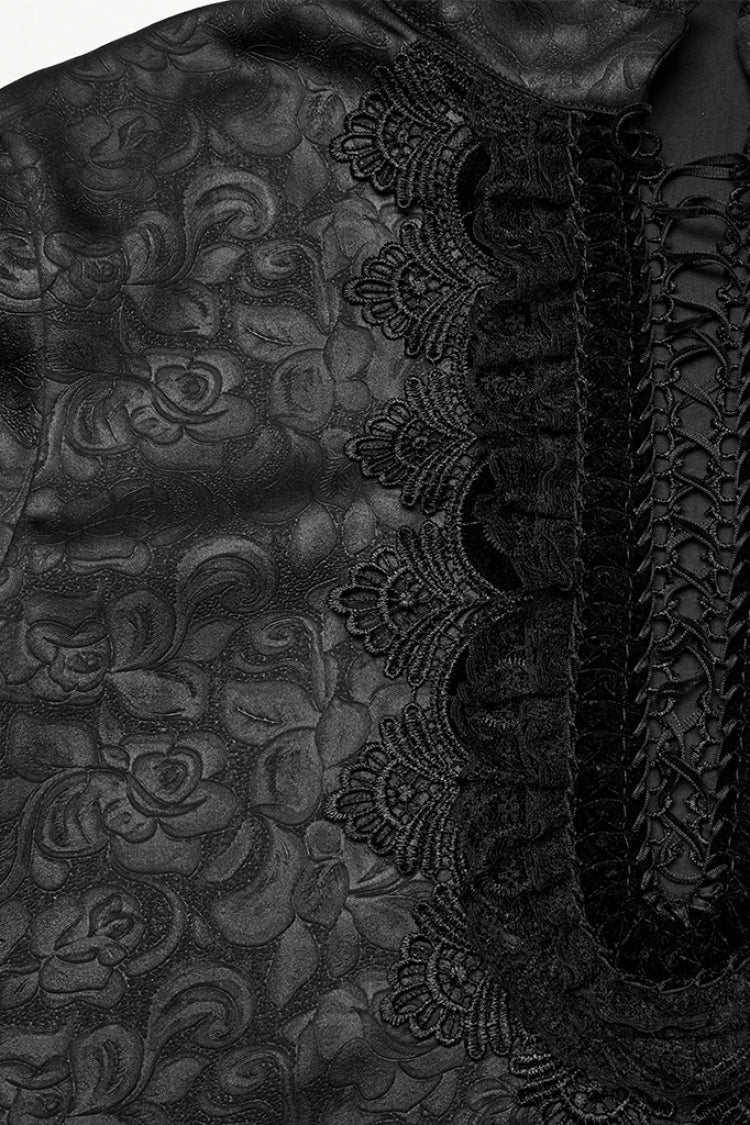 Black Stand Collar Long Sleeves Ruffle Embroidery Lace-Up Plunging Rose Men's Gothic Blouse - Product - 5