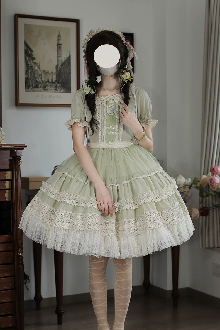 Muscat Green [Vintage Ball 3.0] Square Collar Short Sleeves Lace Pearl Detail Sweet Lolita Dress - Product - 2