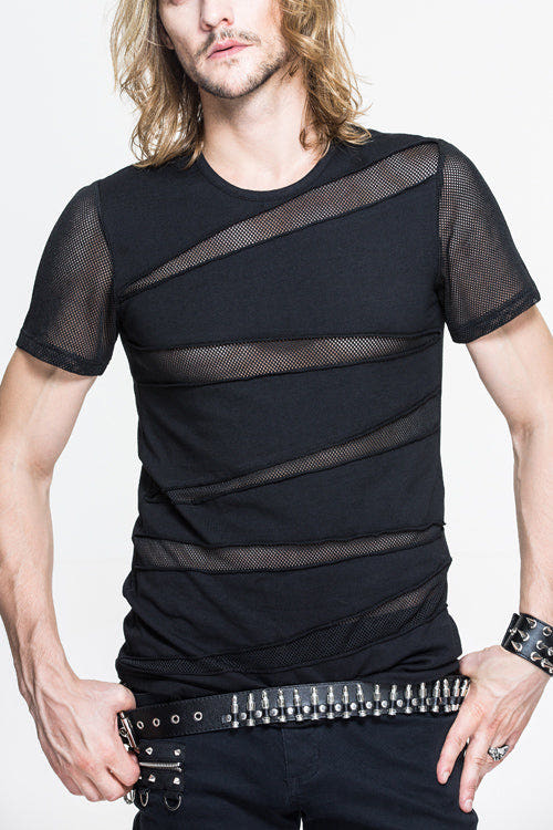 Black Partition Diamond Shape Mesh Gothic Punk Mens Tops T-Shirt - Black - 1