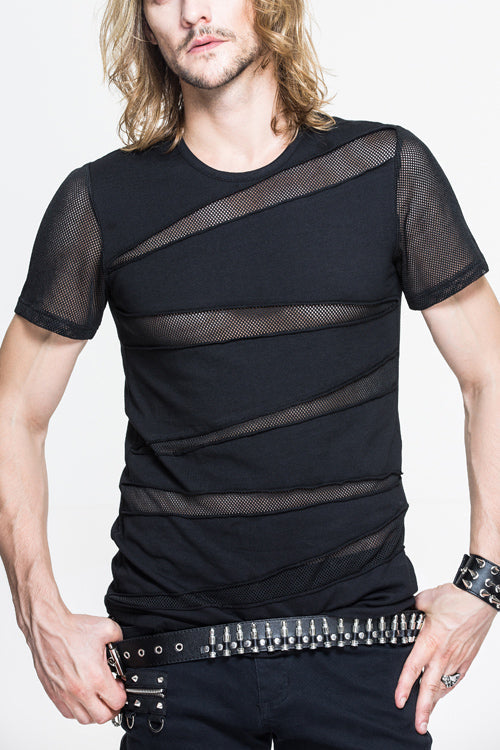 Black Partition Diamond Shape Mesh Gothic Punk Mens Tops T-Shirt - Black - 1