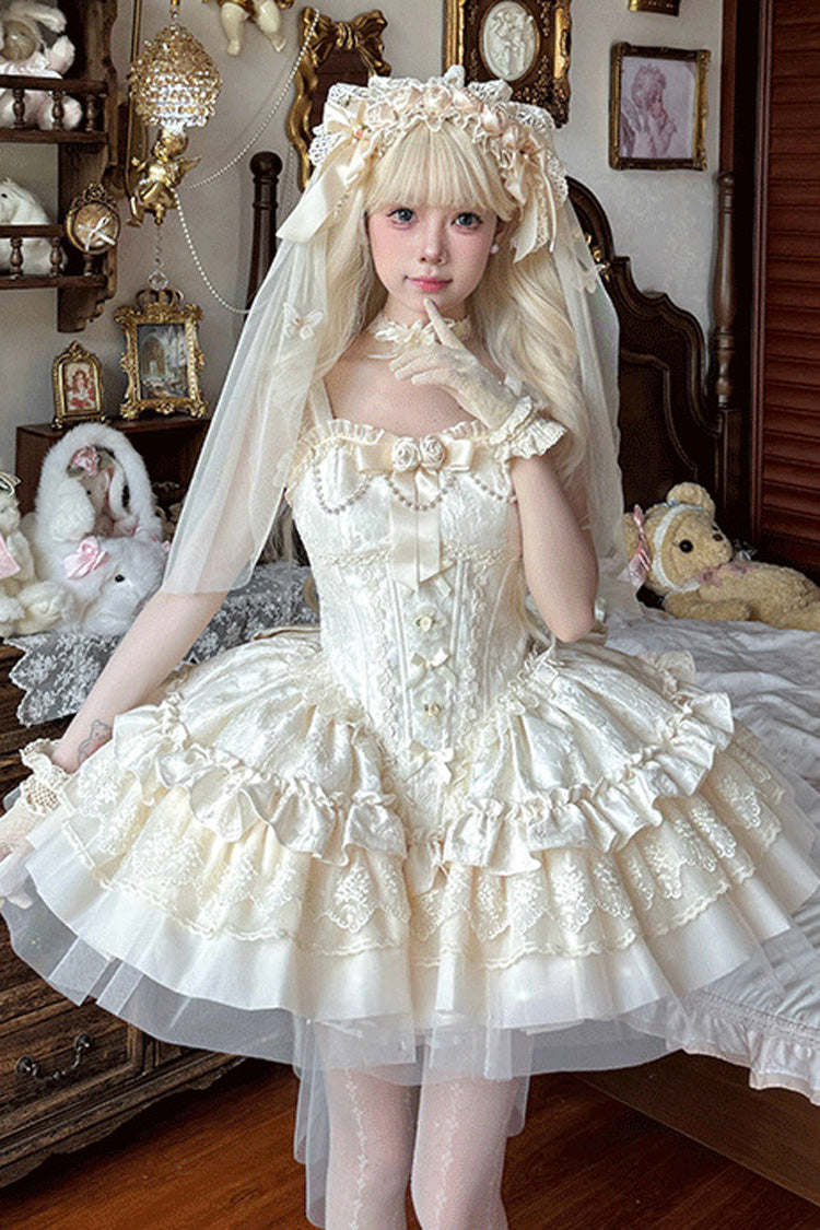 Ivory Sleeveless Multi-Layered Ruffle Bowknot Lace Lace-Up Sweet Princess Lolita Jsk Dress - Ivory - 1