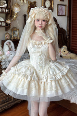 Ivory Sleeveless Multi-Layered Ruffle Bowknot Lace Lace-Up Sweet Princess Lolita Jsk Dress - Ivory - 1