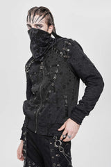 Black Long Sleeves Hexagram Print Hooded Ripped Pleated Men's Punk Coat - Product - 12