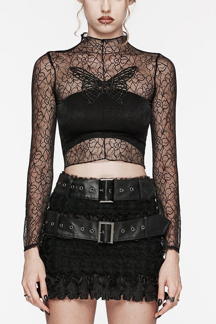 Black Long Sleeves Butterfly Embroidery Sheer Mesh Women's Gothic T-Shirt - Black - 1