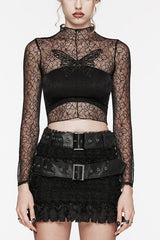 Black Long Sleeves Butterfly Embroidery Sheer Mesh Women's Gothic T-Shirt - Black - 1