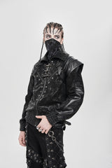 Black Faux Leather Stitching Buckle Zipper Straps Men's Punk Coat - Product - 4