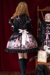 Black [The Case of the Missing Lamb] Print Ruffle Bowknot Lace Gothic Lolita SK Skirt - Product - 11