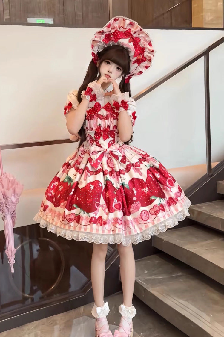 [Dream to Strawberry] Print Ruffle Bowknot Lace Sweet Lolita Jsk Dress 4 Colors - Product - 4