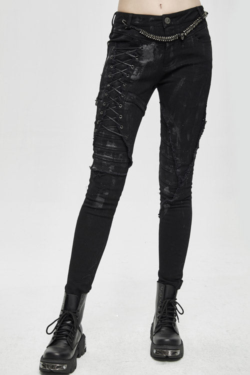 Black Punk Hand Painted Laced Up Legs Cool Womens Pants - Product - 4