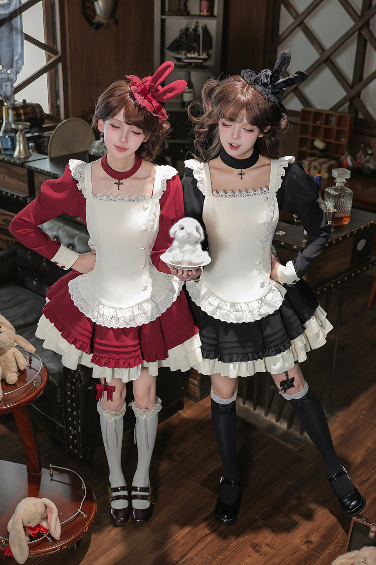 [Liya] Square Collar Long Lantern Sleeves Multi-Layered Ruffled Classic Elegant Lolita Dress 2 Colors (Black, Red) - Product - 9