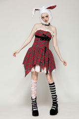 Red Buckled Frayed Asymmetric Hem Women's Punk Grunge Plaid Mini Slip Dress - Product - 8