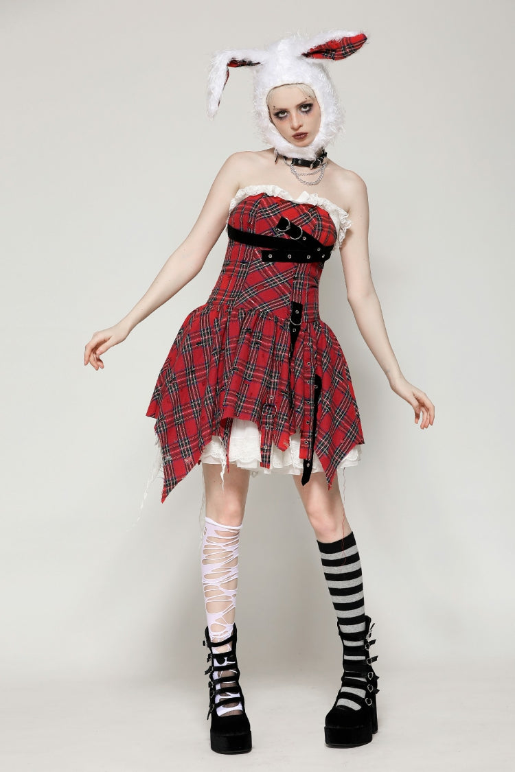 Red Buckled Frayed Asymmetric Hem Women's Punk Grunge Plaid Mini Slip Dress - Product - 8