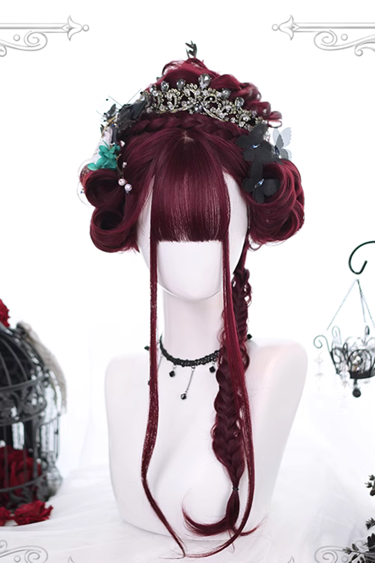 Dark Red Hair Tail Layered Curly Classic Lolita Wigs - Product - 2