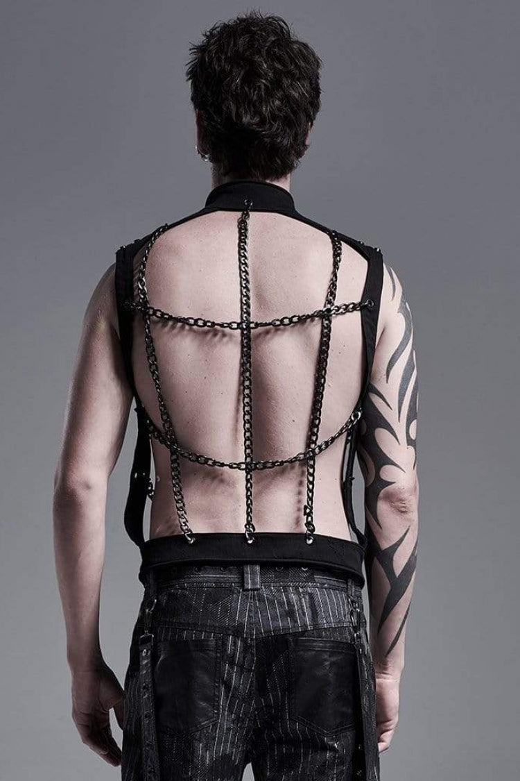 Black Stand Collar Single-breasted Metal Rivet Chain Decoration Hollow Mens Steampunk Vest - Product - 4