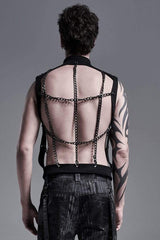 Black Stand Collar Single-breasted Metal Rivet Chain Decoration Hollow Mens Steampunk Vest - Product - 4