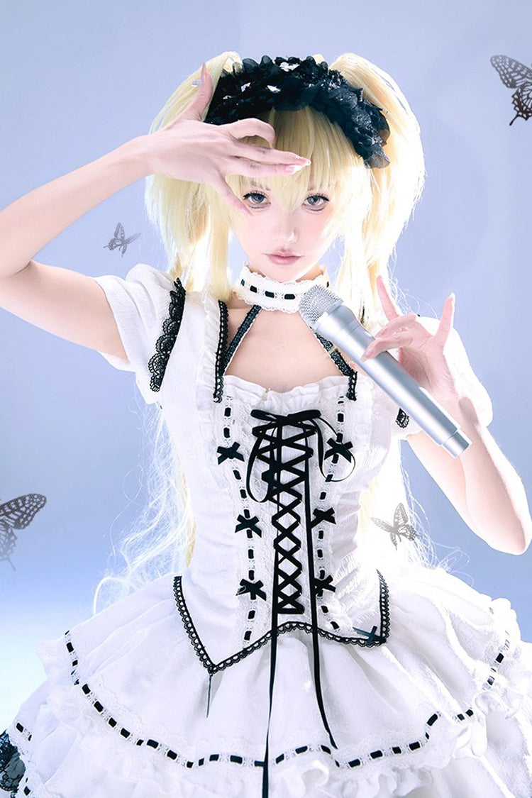 White [Witch] Long Trumpet Sleeves Double-Layered Ruffle Bowknot Lace-Up Gothic Lolita Skirt Dress Set - Product - 6
