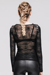 Black Sexy Transparent Spiderweb Back Mesh Long Sleeves Punk Women T-Shirt - Product - 7